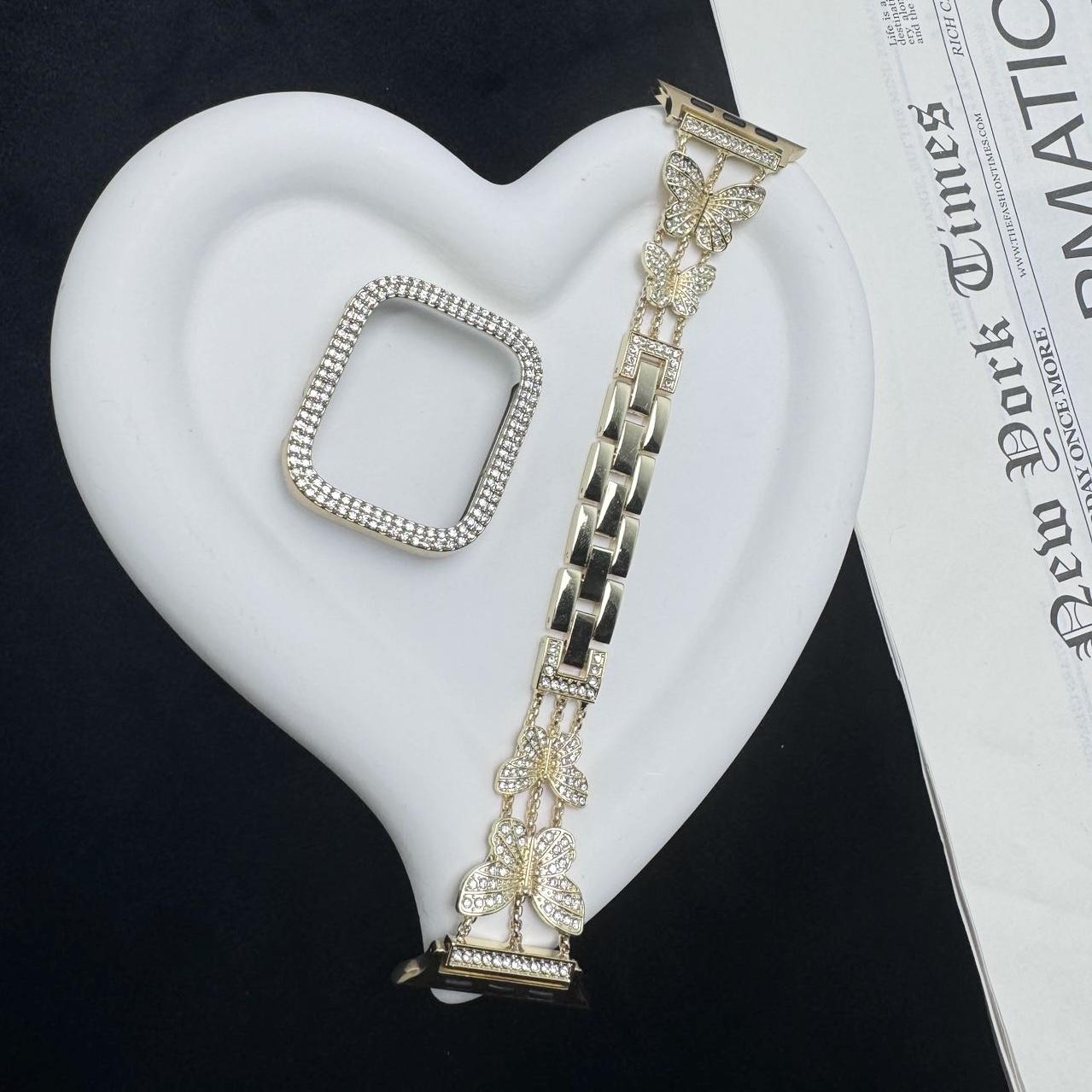 

Бриллиантовый ремешок для Iwatch Series 10 9 8 7 6 5 SE пластиковый защитный чехол Apple Watch 46 мм 42 мм 45 мм 41 мм 49 мм Металлический браслет ultra 1-2-3 49mm золотой