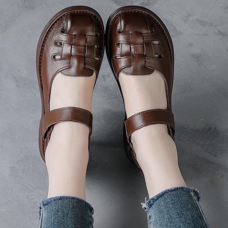 Echtes Leder Sommer neue dicke Sohle dicke Ferse Sandalen Retro Damenschuhe weiche Sohle atmungsaktiv und rutschfest erste Schicht Rindsleder Mutter Schuhe