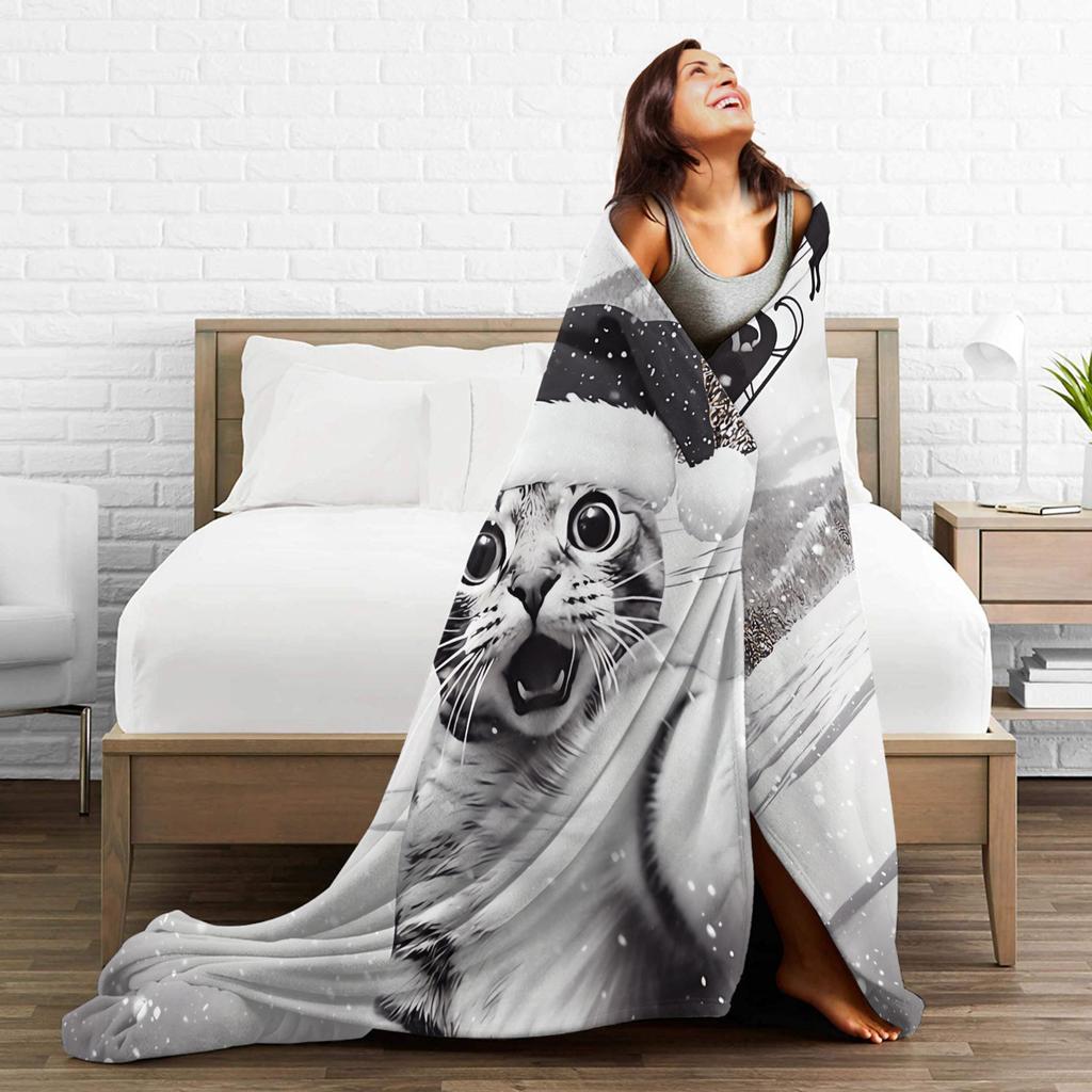 Cat Selfie with Santa Plush Blanket Girls Boys  Flannel Throw Blanket For Living Room Warm Custom Quality Bedspread Gift