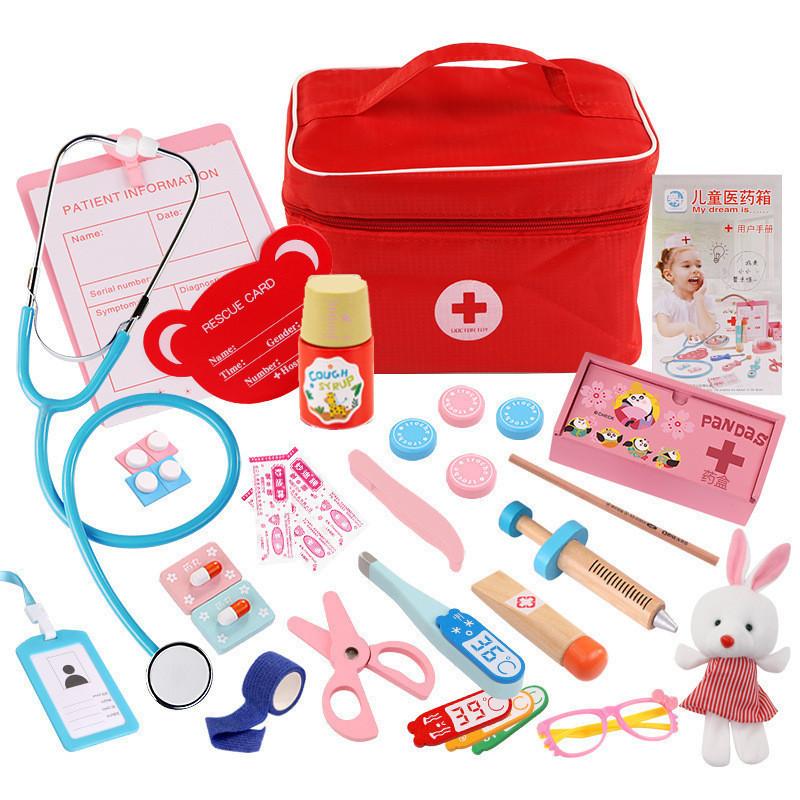 Wooden Children's Cloth Bag Nurse Medicine Box Doctor Injections Boys and Girls Birthday Gifts Simulation Play House Toys