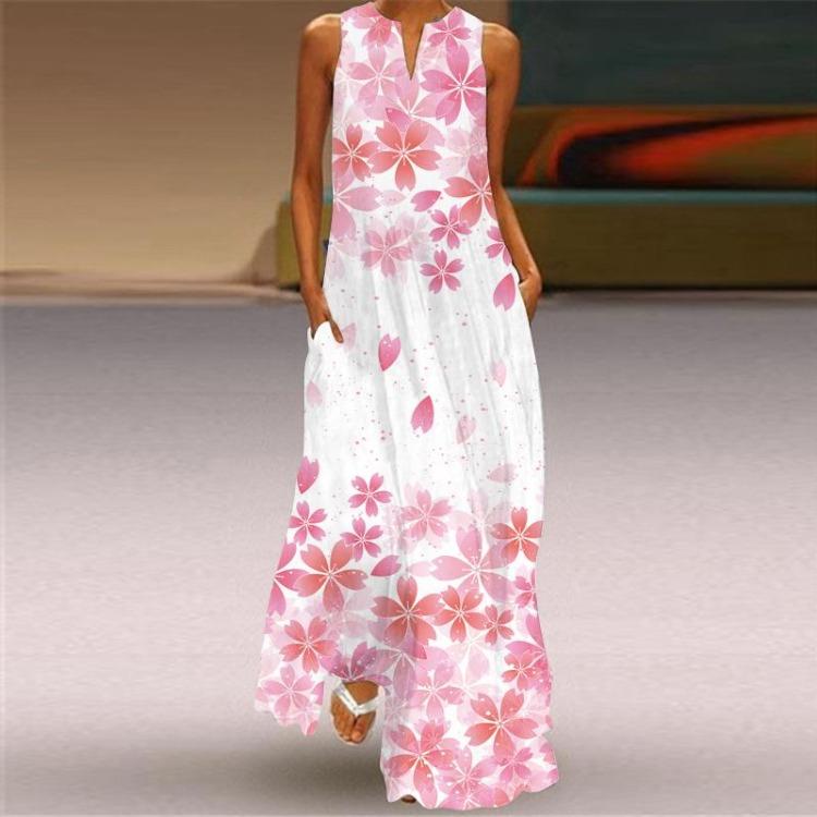 2026 Summer Fashion Retro Multicolor V Neck Sleeveless Maxi Dress