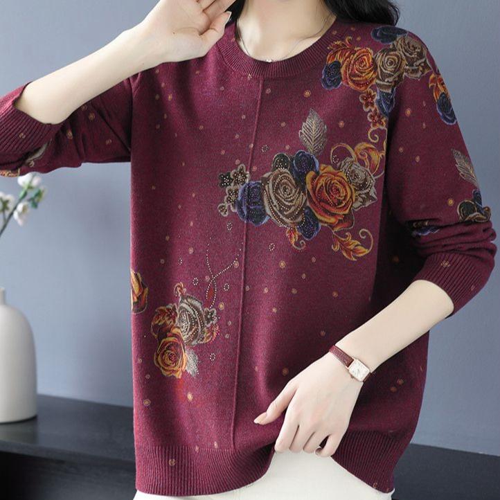 Women's Printed Wool Sweater Loose-Fit Crew Neck Plus-Size Sweater Autumn and Winter Warm Soft Stretchy Knit Top