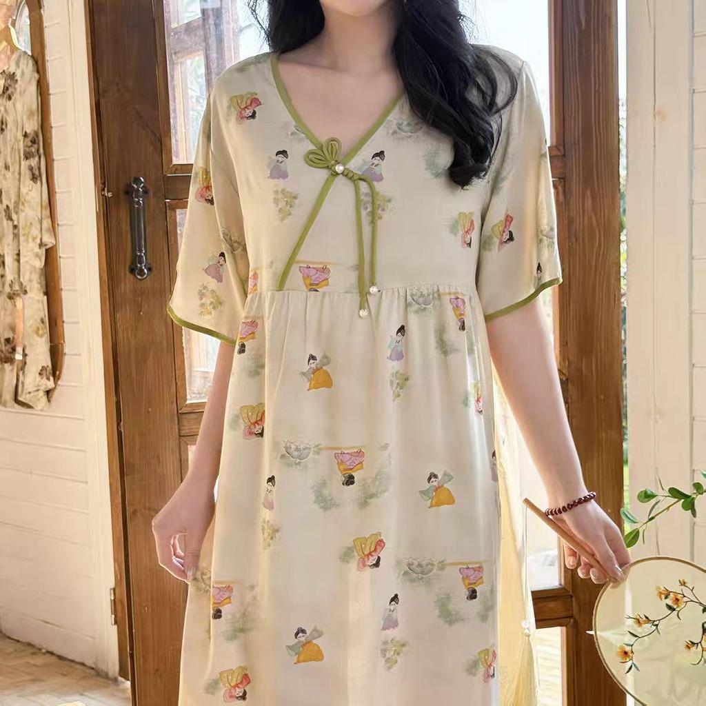 2026 Women's Lyocell Cotton Nightgown - Summer Short Sleeve, Outdoor & Homewear, New Chinese Style, Plus Size