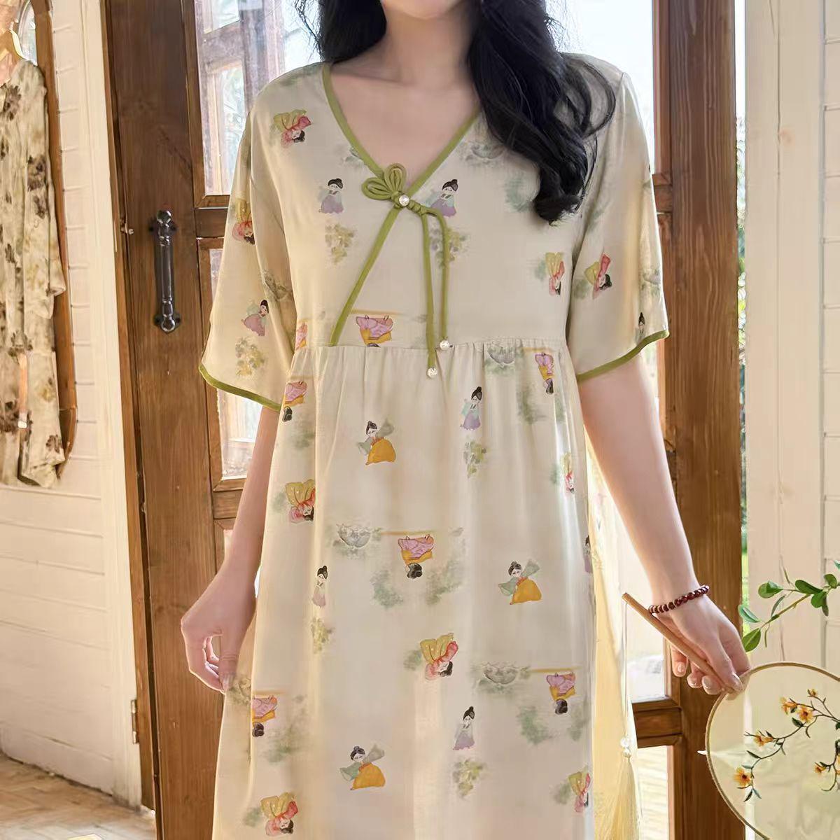 

Женская ночная рубашка из лиоцелла и хлопка 2026 - Летняя с коротким рукавом, Для улицы и дома, Новый китайский стиль, Большой размер One Size (fits 85-150 cm)