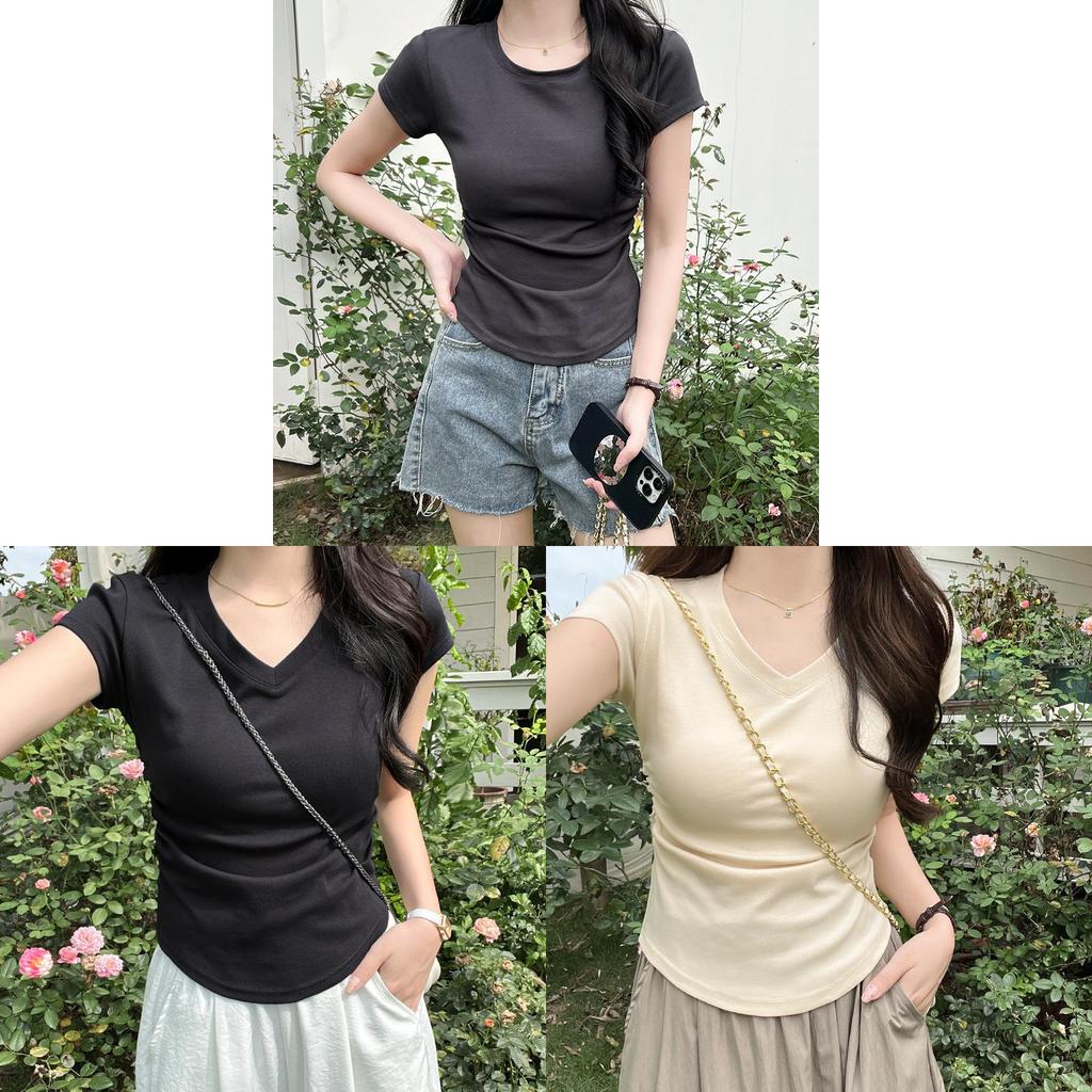 Plain Cotton Short Sleeve T Shirt With Pleated Detail For Casual Wear