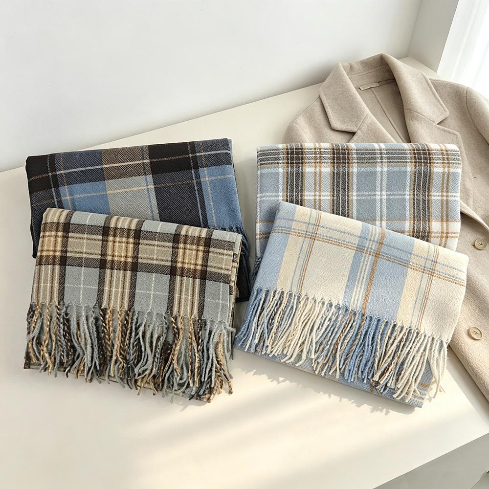 1116 new soft waxy blue and white plaid fringed scarf Korean warm autumn and winter thickened student high-end scarf