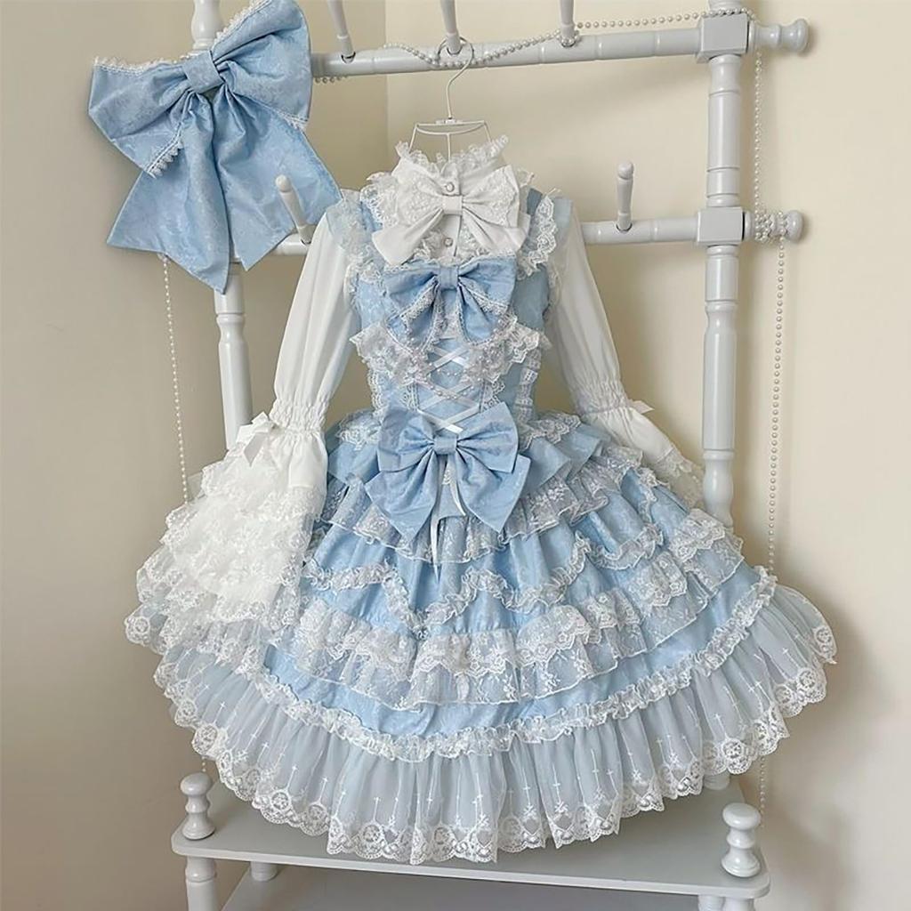 Jundakara Lolita Costume Featuring and Puff Perfect for a Sweet French or Princess Size Women's 3-Piece Set, Ribbons, Ruffles, Lace-Up, Sleeves.