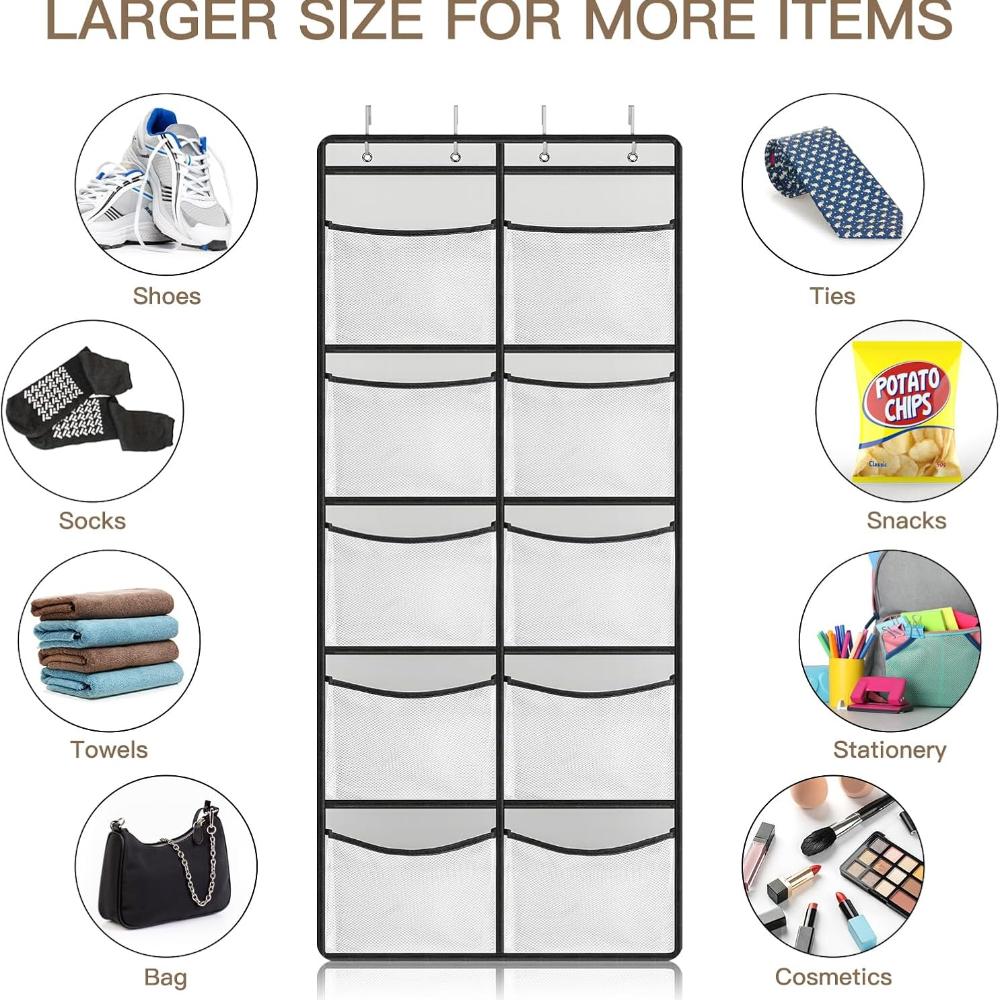 Devesanter Set of 2 Suspended Shelves with 10 Mesh Pockets - Wardrobe Pocket Organizer, Storage Above the Door - Plush Toy Organizer for Bedroom (grey