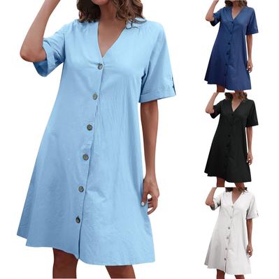 Women's Dress Short Sleeved Medium Length Button V-neck Loose Solid A-line Skirt