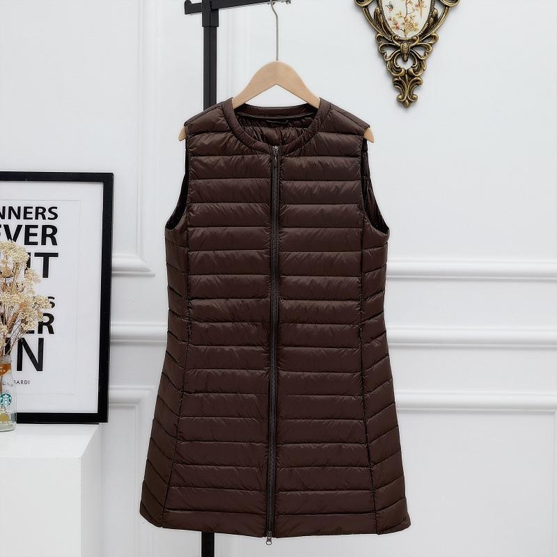 Autumn and winter collarless medium and long light down vest women's short round neck sleeveless zipper vest vest vest vest
