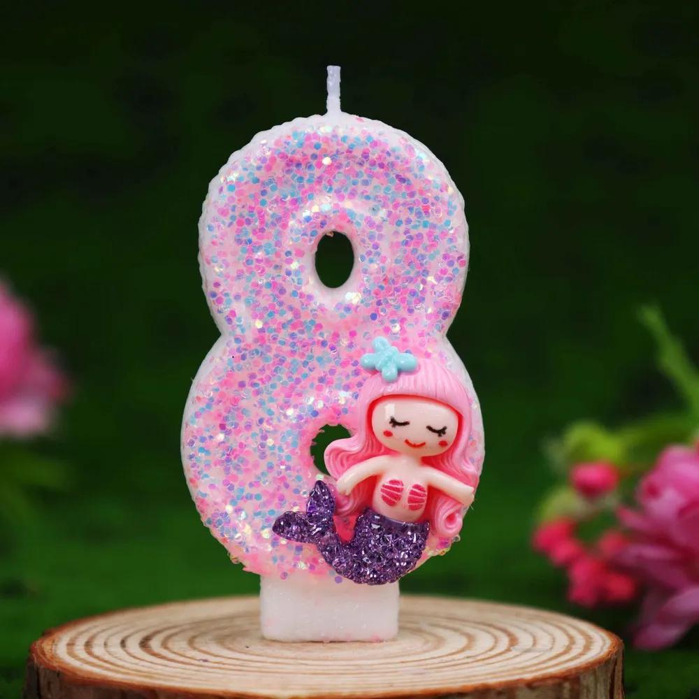 Birthday Number Candle 0-9 for Cake Decoration Children Party Supplies Baking Accessories Glitter Detail Design with Mermaid Figurine