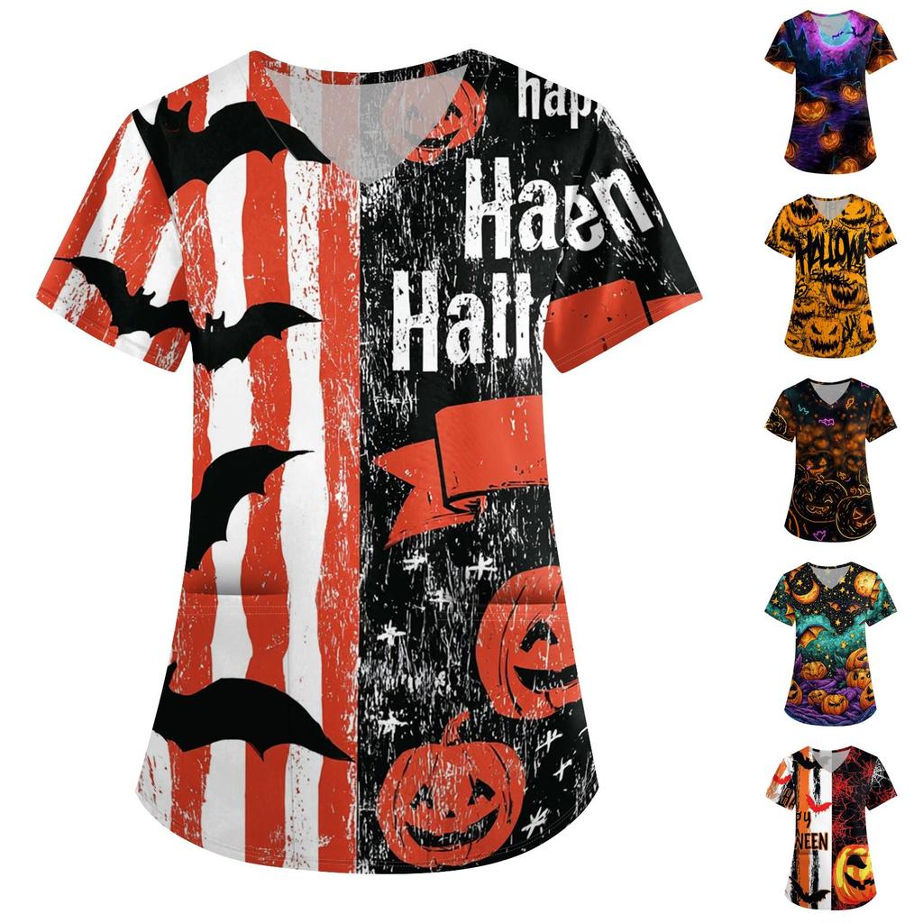 Women's Halloween Print Costume V-Neck Short Sleeve Loose Fit with Pockets