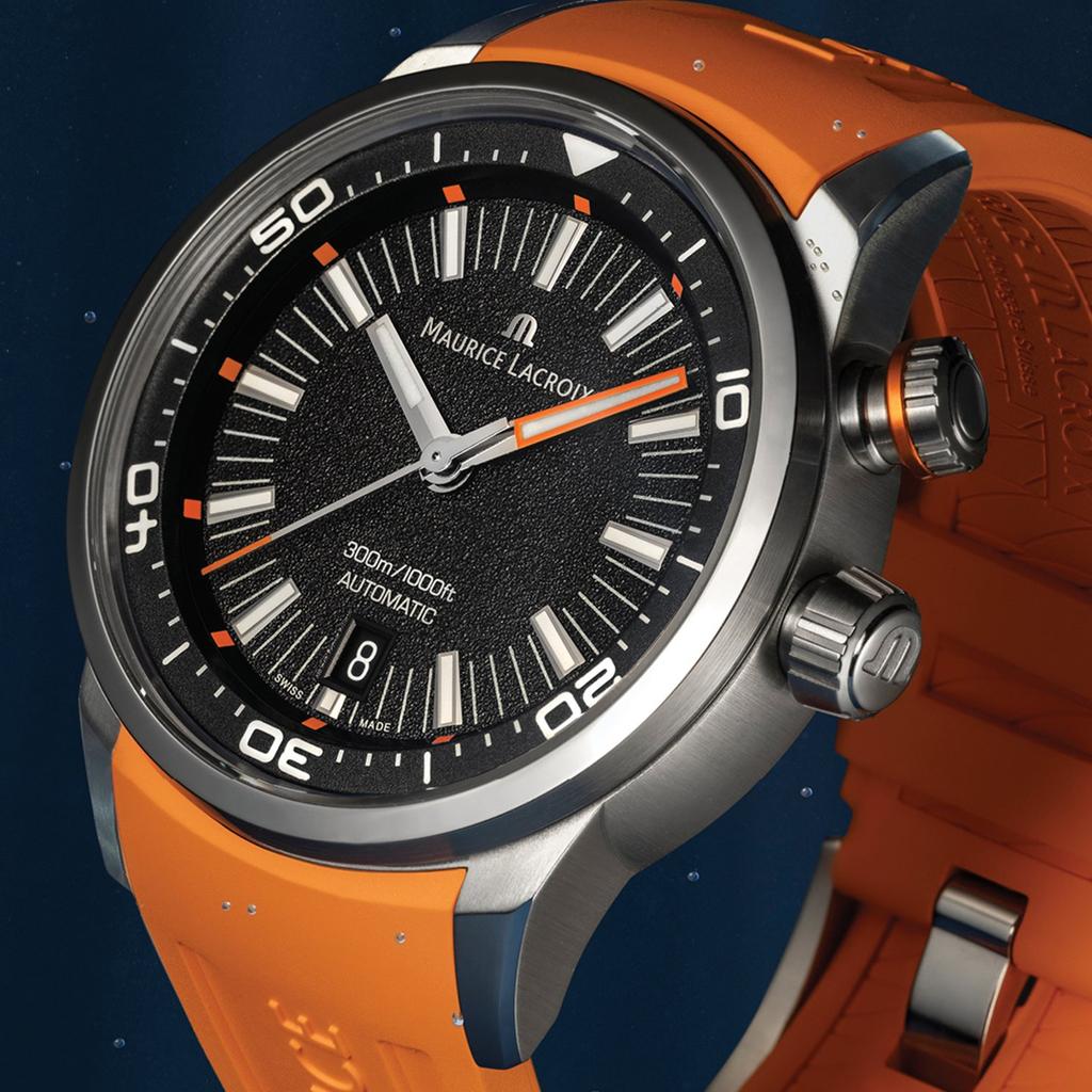 [Maurice Lacroix] Pontos S Diver 42mm Black Grained Dial with Orange Accents, Nylon & Rubber Strap Automatic Men's Watch (PT6248-SS00L-330-J)
