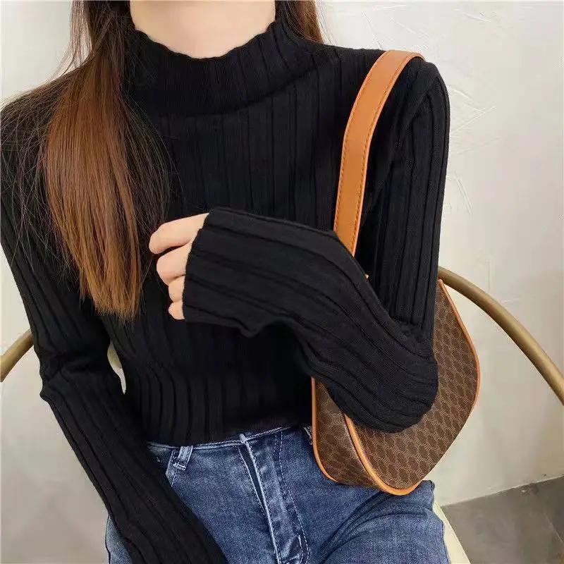 Autumn Winter Knitted Ribbed Turtleneck Sweater Women Clothes Long Sleeve Slim Basic Pullover Woman Sweaters Solid Tops