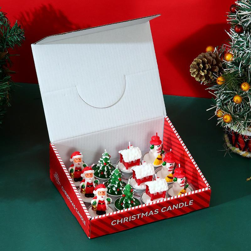 12Pcs Set Christmas Candles, Santa Claus, Tree, Snowman, Carnival, Romantic Ornaments, Candlelight Dinner, Christmas Painted