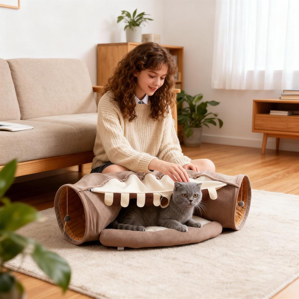 All- Foldable Cats Tunnel Bed: Multi-Functional -Shaped Pet Playpen With Interactive Toys For Indoor Cats