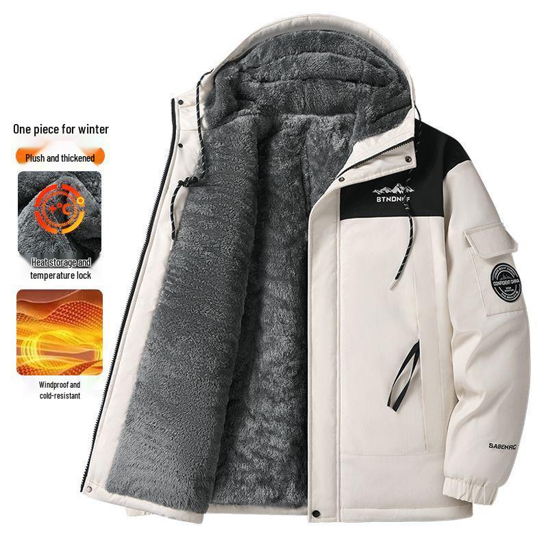 Men's Windproof Fleece-Lined Hooded Jacket: Warm, Thick Cotton Coat for Winter and Outdoor Activities