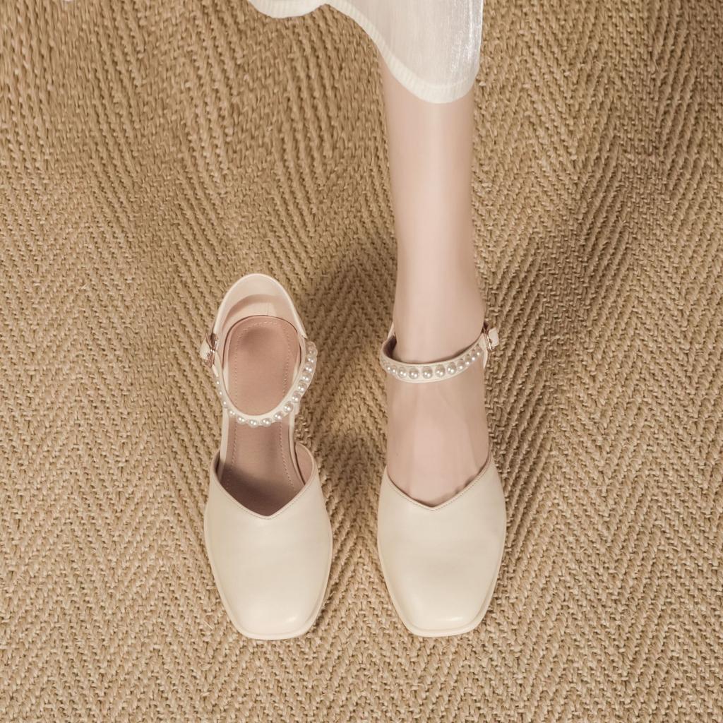 Huizhou Women's Shoes Soft Sole Not Tired Feet French Pearl Mary Jane Shoes Women's Head Hollow Sandals Women's Fashion Single Shoes