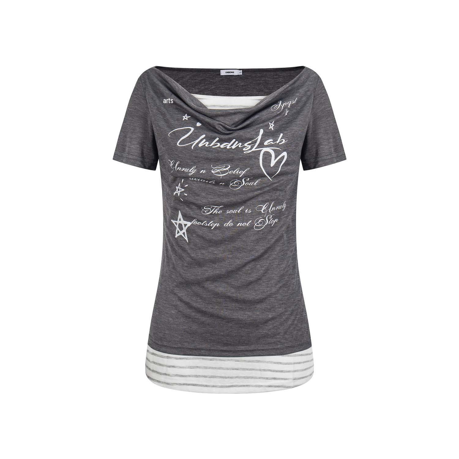 

American Spicy Girl Two-Piece Faux Swing Neck T-shirt: Women s Slim Fit Short Sleeve Summer Top Small серый