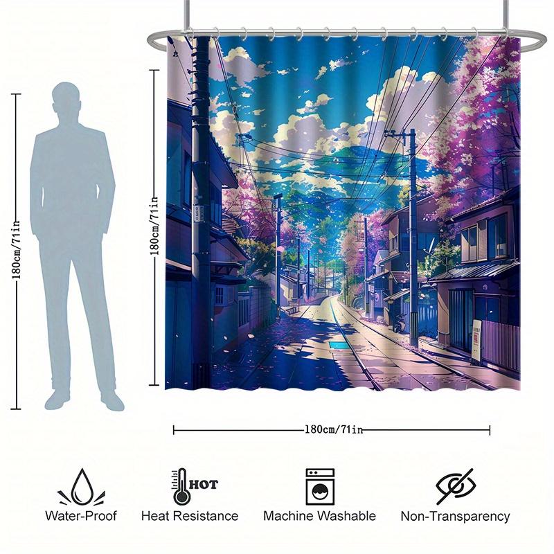 Anime Scenery Street Shower Curtain Set - 12 Hooks, Durable Polyester, Cartoon Landscape Theme, Modern All-Season Bathroom Decor