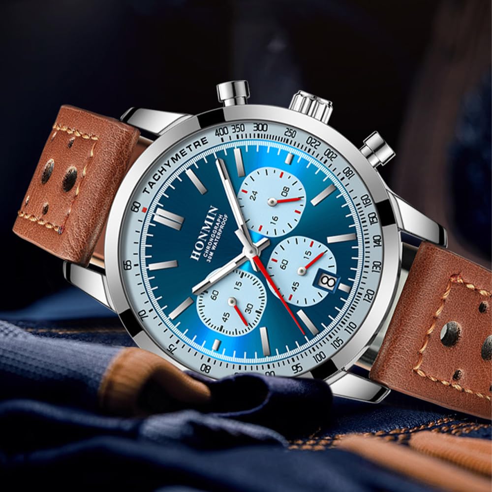 Multifunktions-Sportuhr Herren Luxus Chronograph Kalenderuhr Mann Leder Wasserdicht Leuchtende Armbanduhren