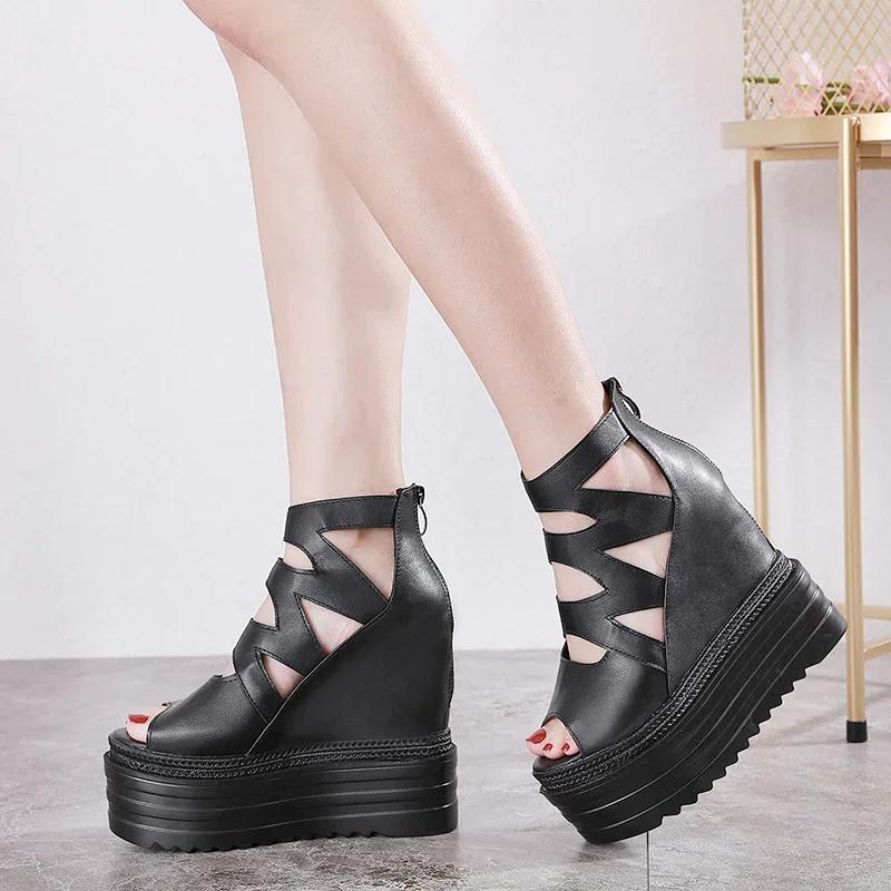Summer Ultra High Heel Fish Mouth Sandals Wedges Thick Bottom Roman Women's Sandals 14 Cm Sexy High Heels Female Pumps