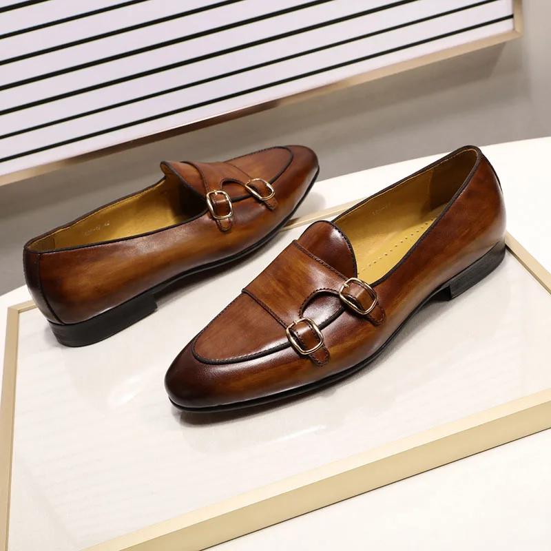Fashion FELIX CHU Men's Genuine Leather Loafers Handmade Monk Strap Casual Dress Shoes for Wedding Party Summer Autumn Footwear