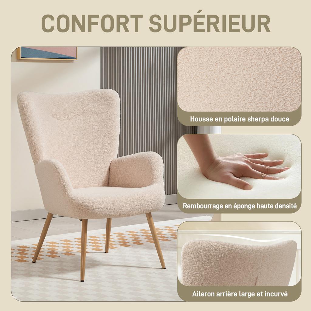 Lounge Chair, Boucle Accent Chair, High Back, Armrests, 71 x 74 x 97.5 cm, Beige
