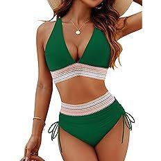 Women's Swimsuit Solid Color Stitching Sexy High Waist Drawstring Tie Split Swimsuit Bikini Suit Beach Wear