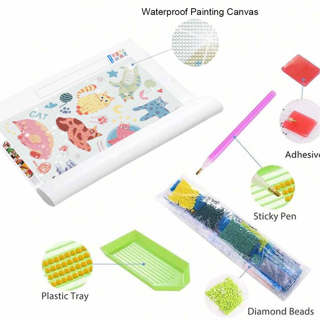 DIY 5D Diamond Art Kit Cute Cartoon Cats Pattern Sparkling Rhinestone Canvas for Bedroom Living Room Decor Wall Art Craft Painting Kit