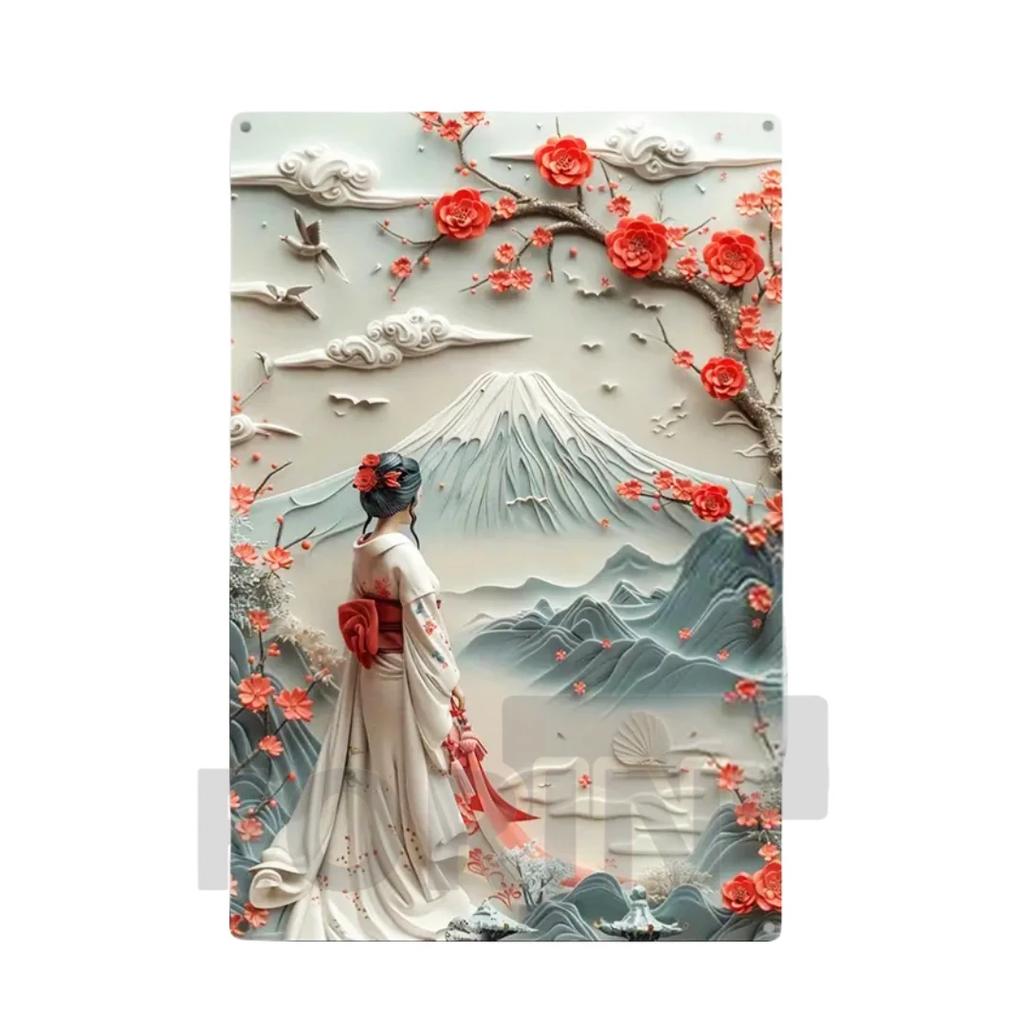 2D Japanisches Kunstposter Kimono Kirschblüten, elegantes Retro Geisha Metallschild, Zuhause, Zimmer, Büro, Izakaya, Café, Studio Wanddekor