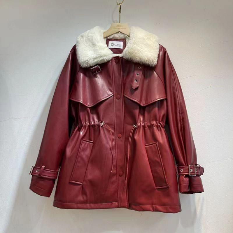Plus Size Womens Faux Fur Lined Biker Jacket With Waist Cinching Design Thick Warm Outerwear In Black Brown Red