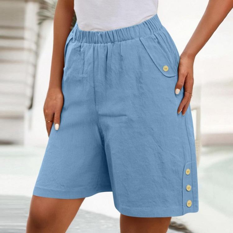 High Waisted Women's Casual Loose Bermuda Shorts With Pockets Knee Length Summer Wide Leg Linen Shorts