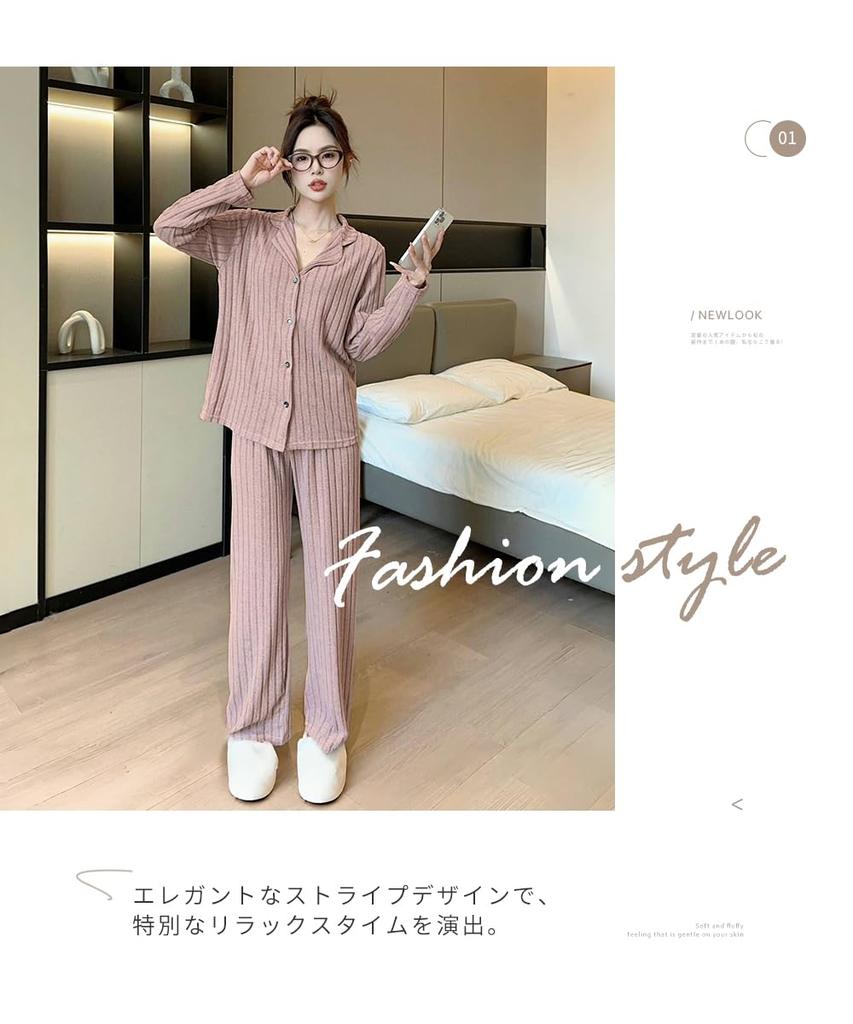 DayaEmmoTQ Striped Long Comfortable to the Korean Top and Bottom and Perfect for Cold Perfect for and Spring Women's Pajamas, Open-Front Lapel, Thin,