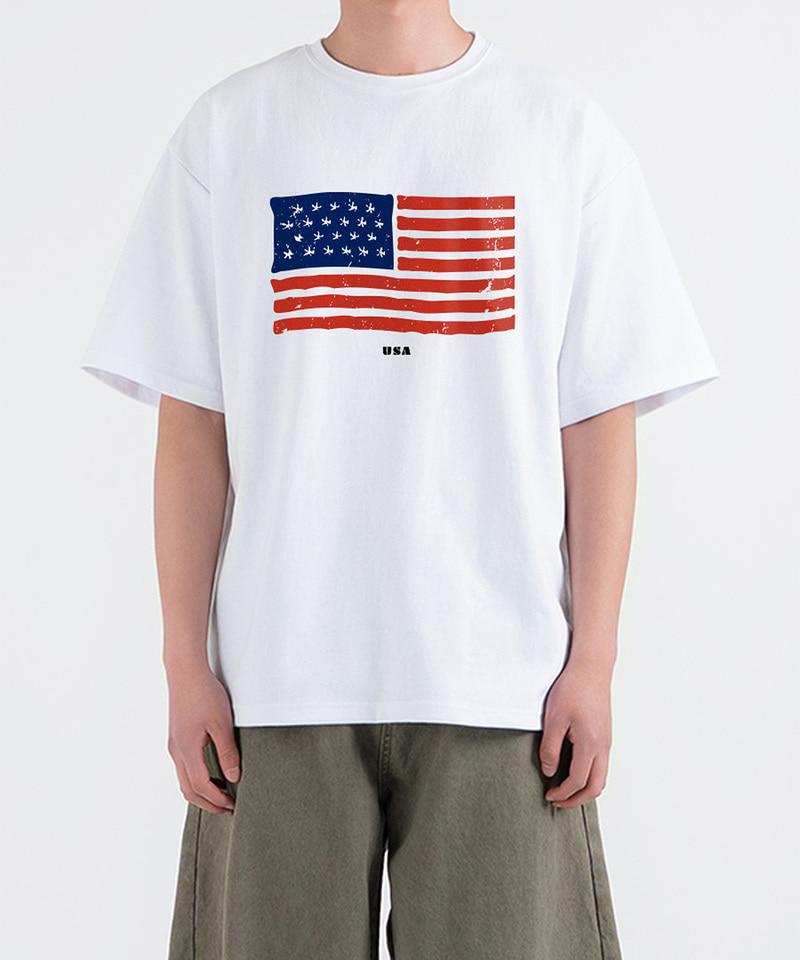 UNDEROFF Oversized Crew Neck Vintage American Flag Short Sleeve T-Shirt White