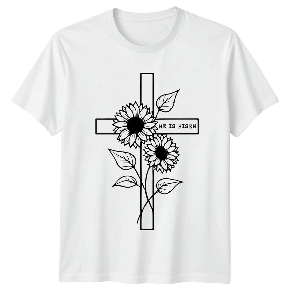 He Is Risen Unisexs TShirt Floral Cross Christian Easter Gift For Her S