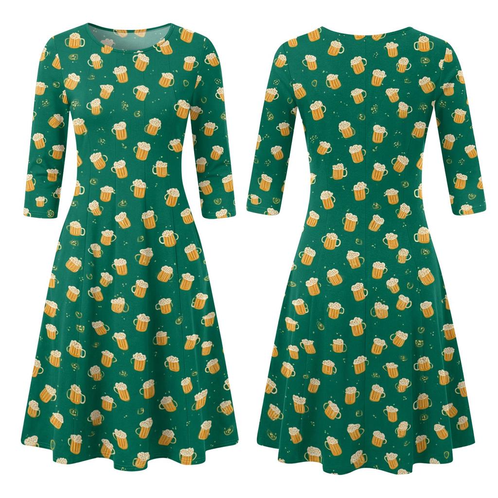 Casual Mid-Length Dress with Round Neck and Three-Quarter Sleeves Featuring Beer Glass Print Suitable for Everyday Wear and Events