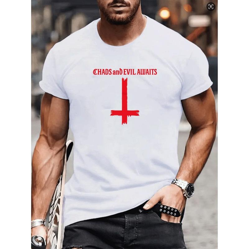 

European sizes CHADS and EVIL AWAITS with the Red Reverse Cross Print Design, Versatile Everyday Tops, Casual Short-sleeved T-shirts 4XL білий