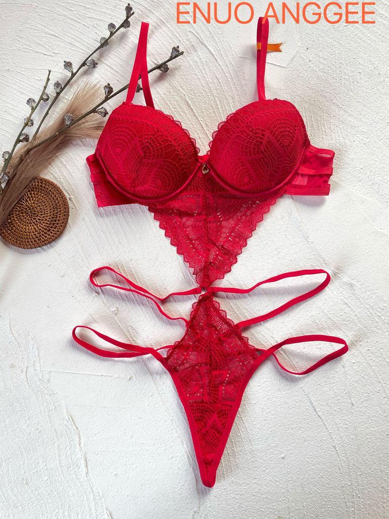 Sexy Lace Thong Bodysuit with Gathered Bra & Backless Design