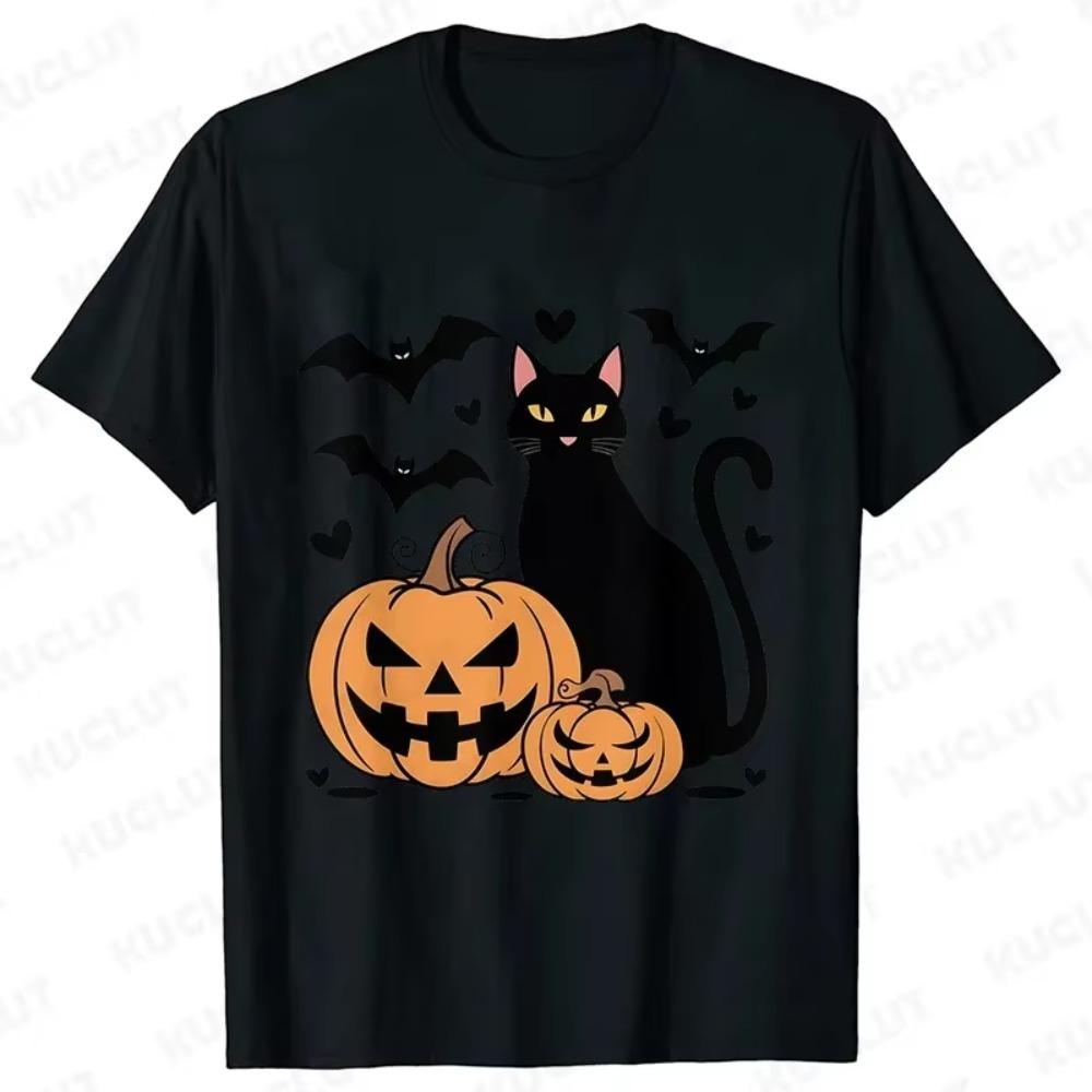 Halloween Pumpkin Cat Man T Shirt Vintage Tees Shirt O-Neck Short Sleeve T-shirt Halloween  Women Men Tops Tee Clothing