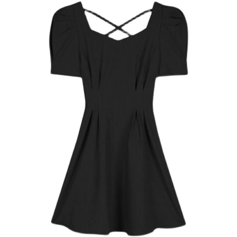 Europäisches Französisches Quadratkragen Puffärmel Schwarzes Kleid - Slim Fit Sommer Damenkleid