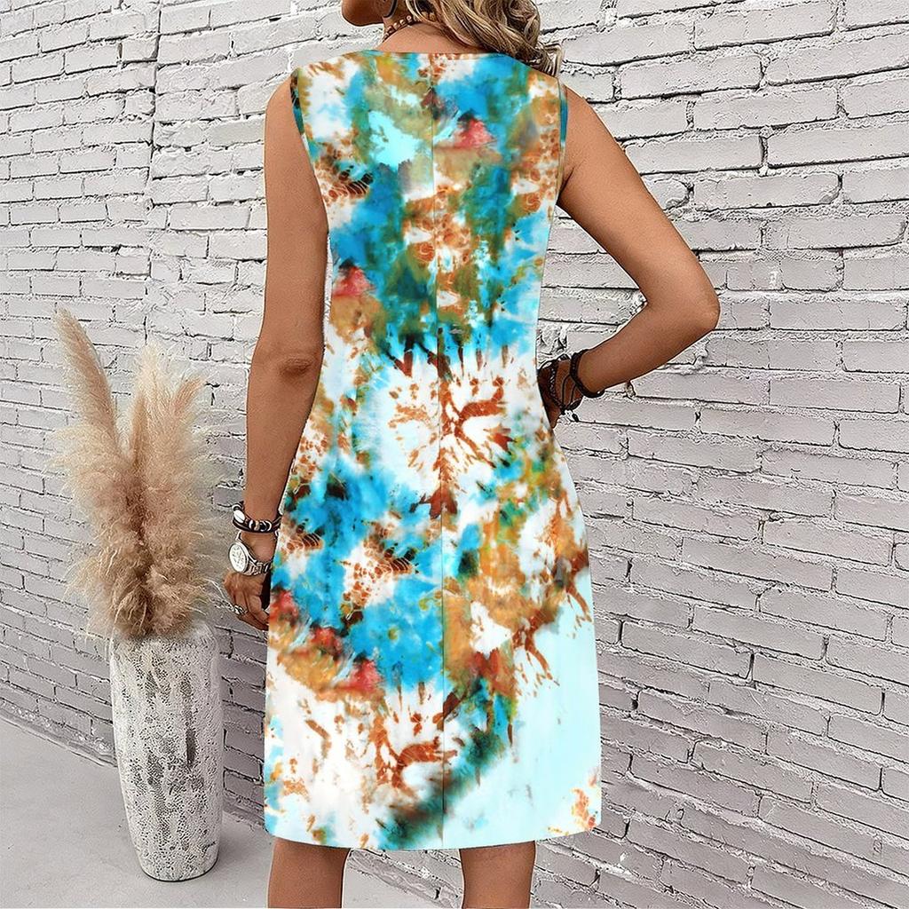 Plus Size V Neck Sleeveless Dress Deep Forest Brook Ink Painting Print For Wilderness Walking Trip