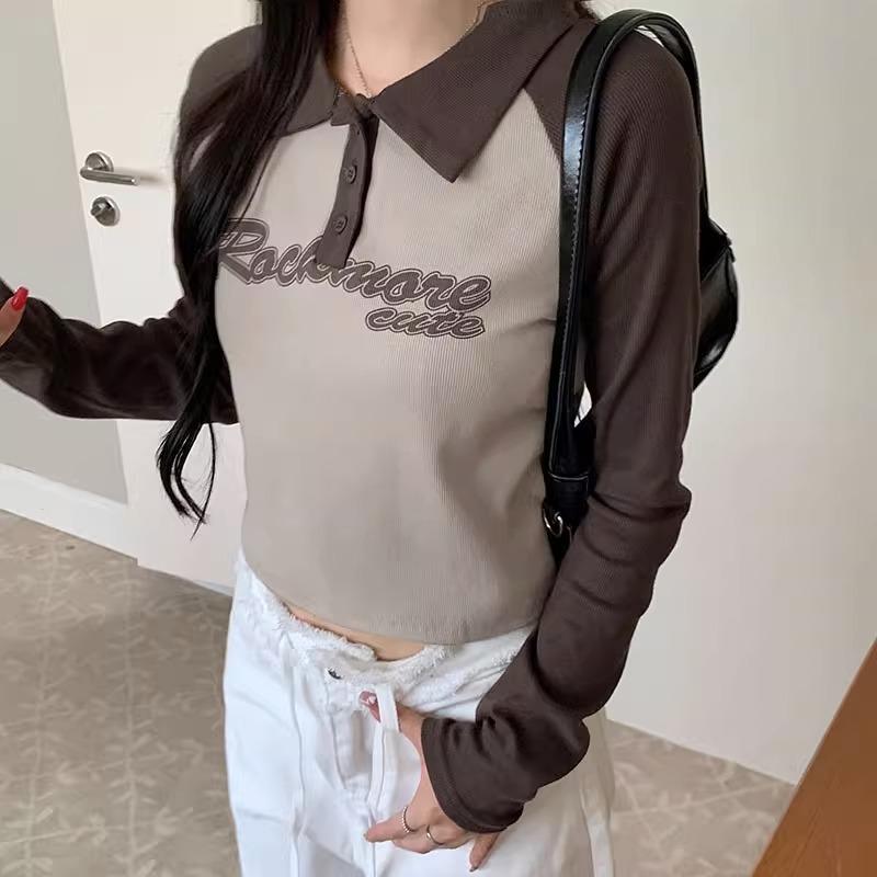 American retro contrast color right shoulder T-shirt women's long-sleeved early autumn new design polo collar letter style age-reducing top