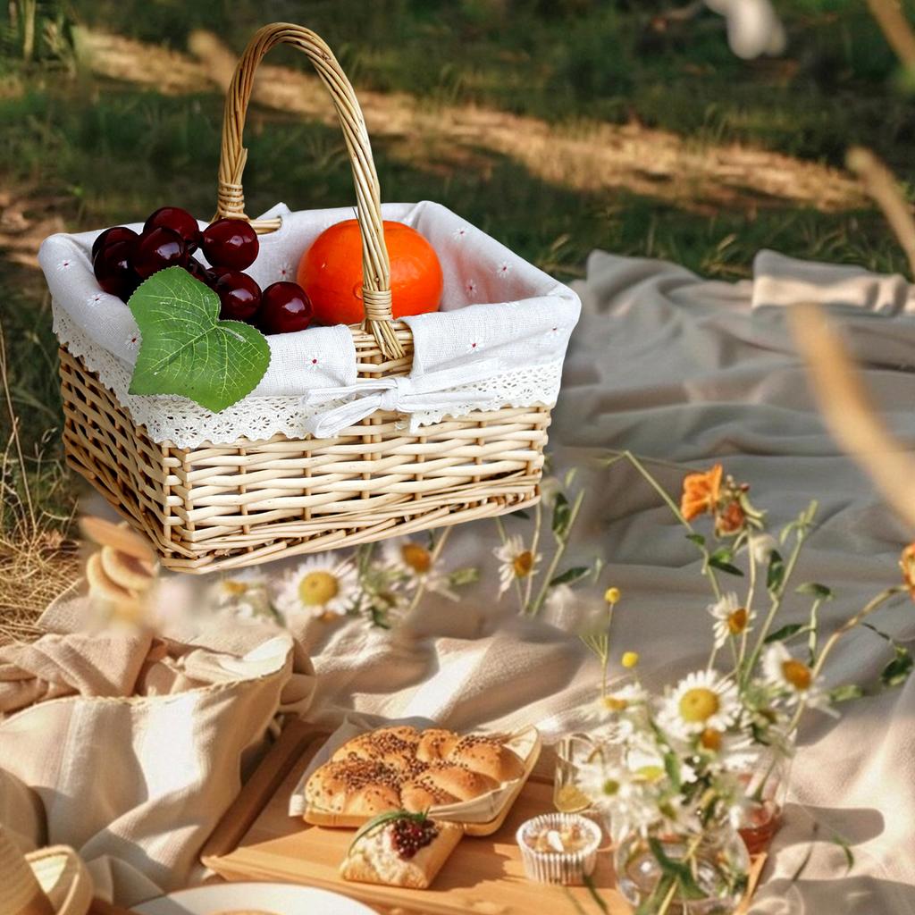 Coș de picnic din răchită cu mâner și căptușeală lavabilă pentru camping, cules de legume, Ziua Mamei, Ziua Recunoștinței, ieșiri