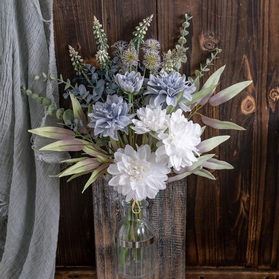 Artificial Dahlia Flower Bouquet Faux Silk Floral Arrangements with Eucalyptus Leaves for Dining Table Centerpieces DIY Wedding Bridal Bouquet
