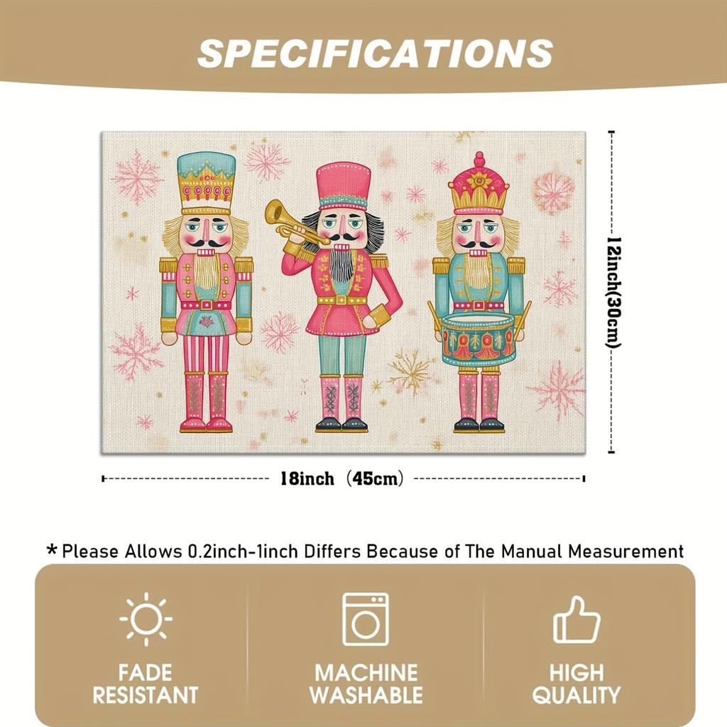 4/6pcs, Christmas Nutcracker Placemats, Colorful Nutcracker Soldiers, Pink And Golden Snowflake Linen Table Mats, Suitable for Holiday Kitchen Table D