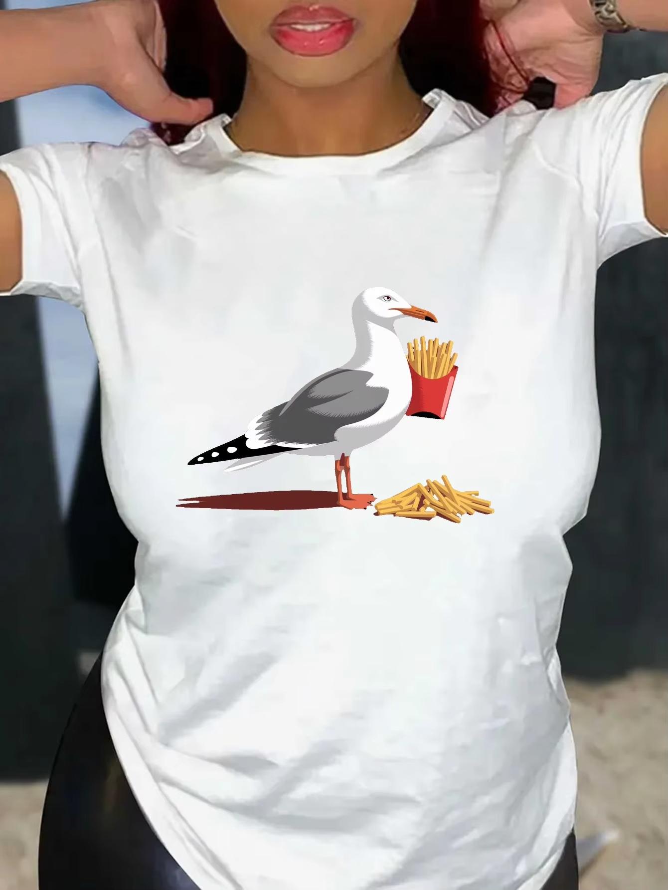 Womens Cute Seagull French Fries Print White Round Neck Short Sleeve Tee with Black Grey Bird Fries Design Casual S