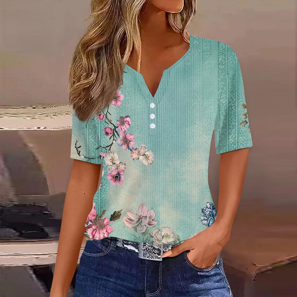 Damen T-Shirt mit Aufdruck und Knopfleiste, kurzärmelig, für den Alltag, Wochenende, modisch, Basic, V-Ausschnitt, normales Oberteil
