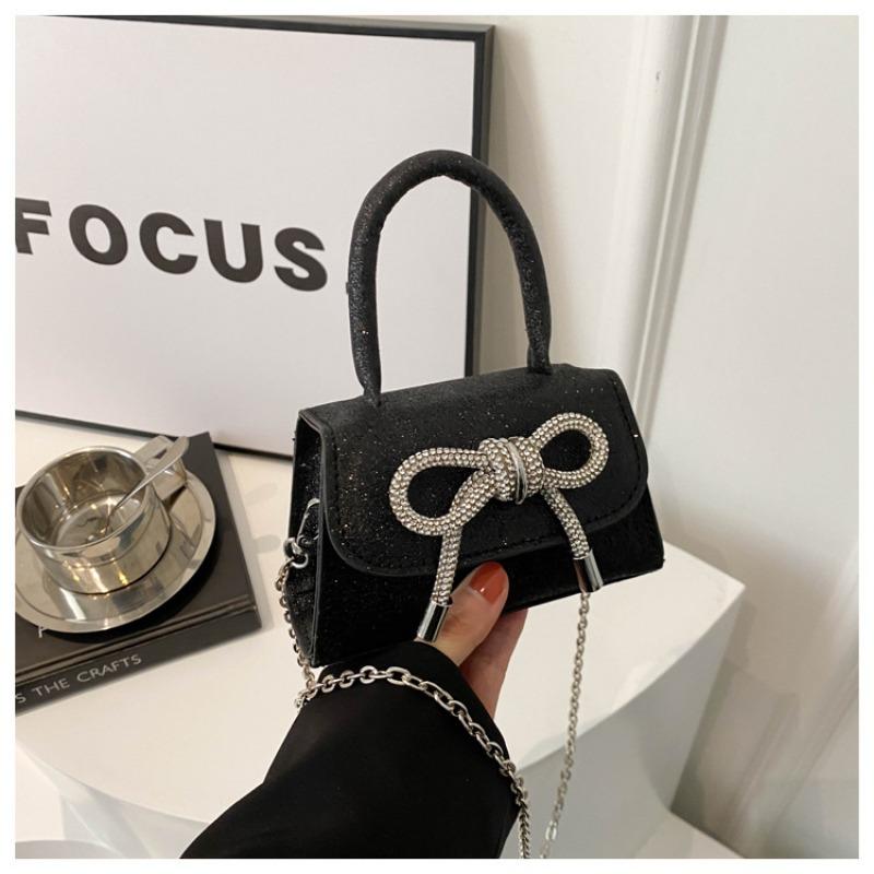 

1pcs PU Leather Glitter Small Square Handbag with Detachable Chain Strap & Bow Design Women s Fashion Shoulder Bag 14x9x5.5cm чёрный