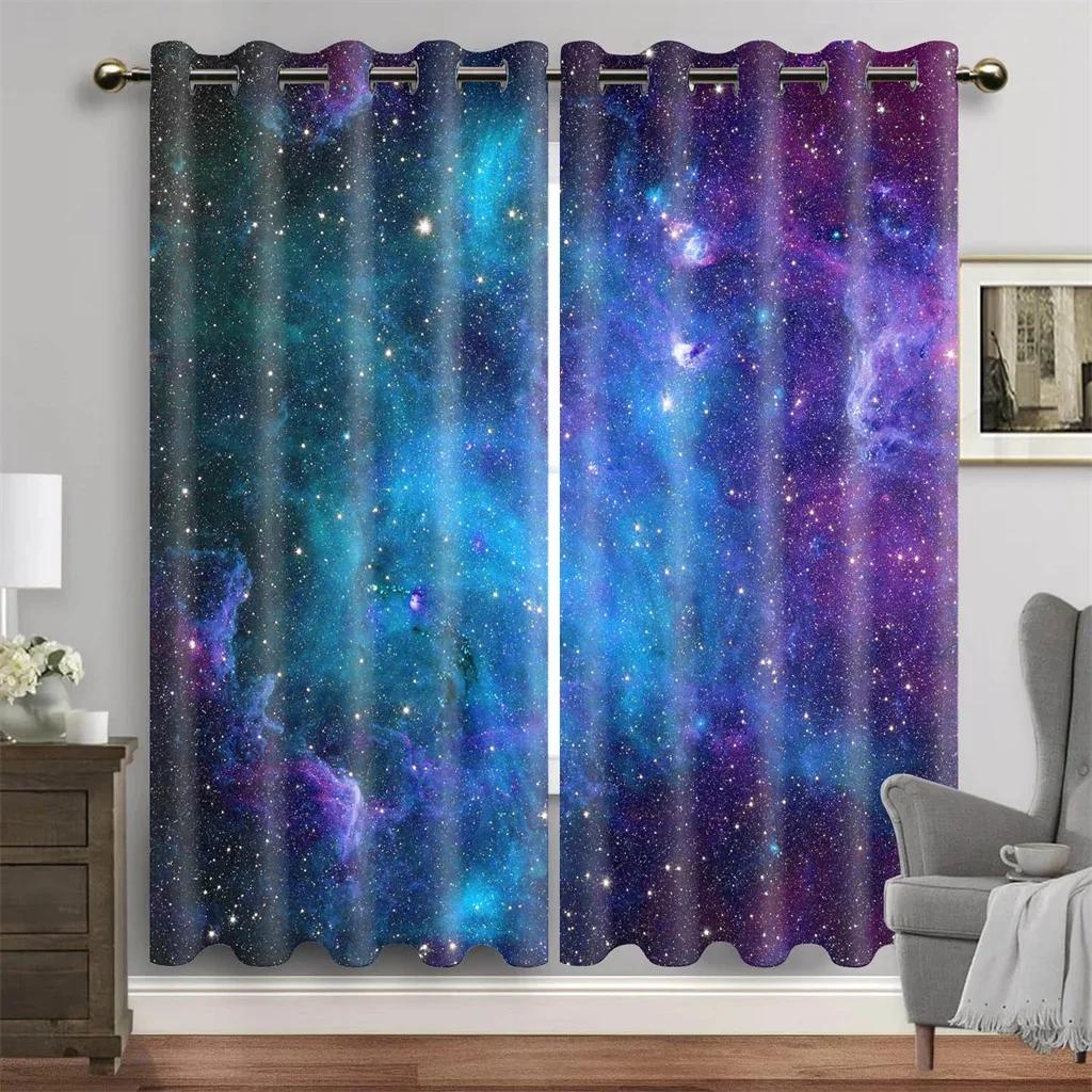 3D Purple Blue Galaxy Space Universe Stars Starry Window Curtains For Living Room Kids Bedroom Bathroom Kicthen Door Home Decor2